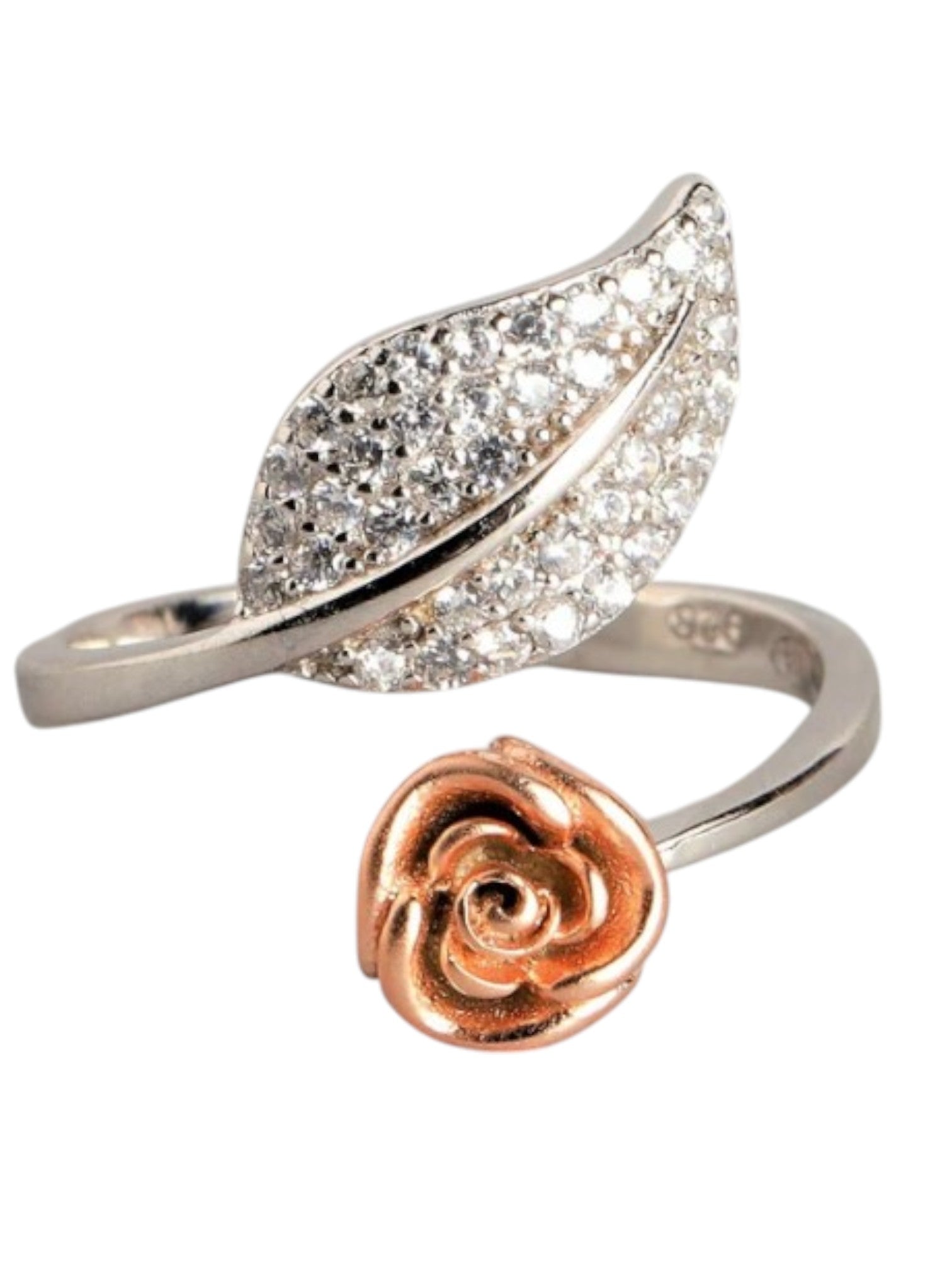 Rose Leaf Rhodium Plated 925 Sterling Silver CZ Stone Light Weight Ring For Women By Kesardeep
